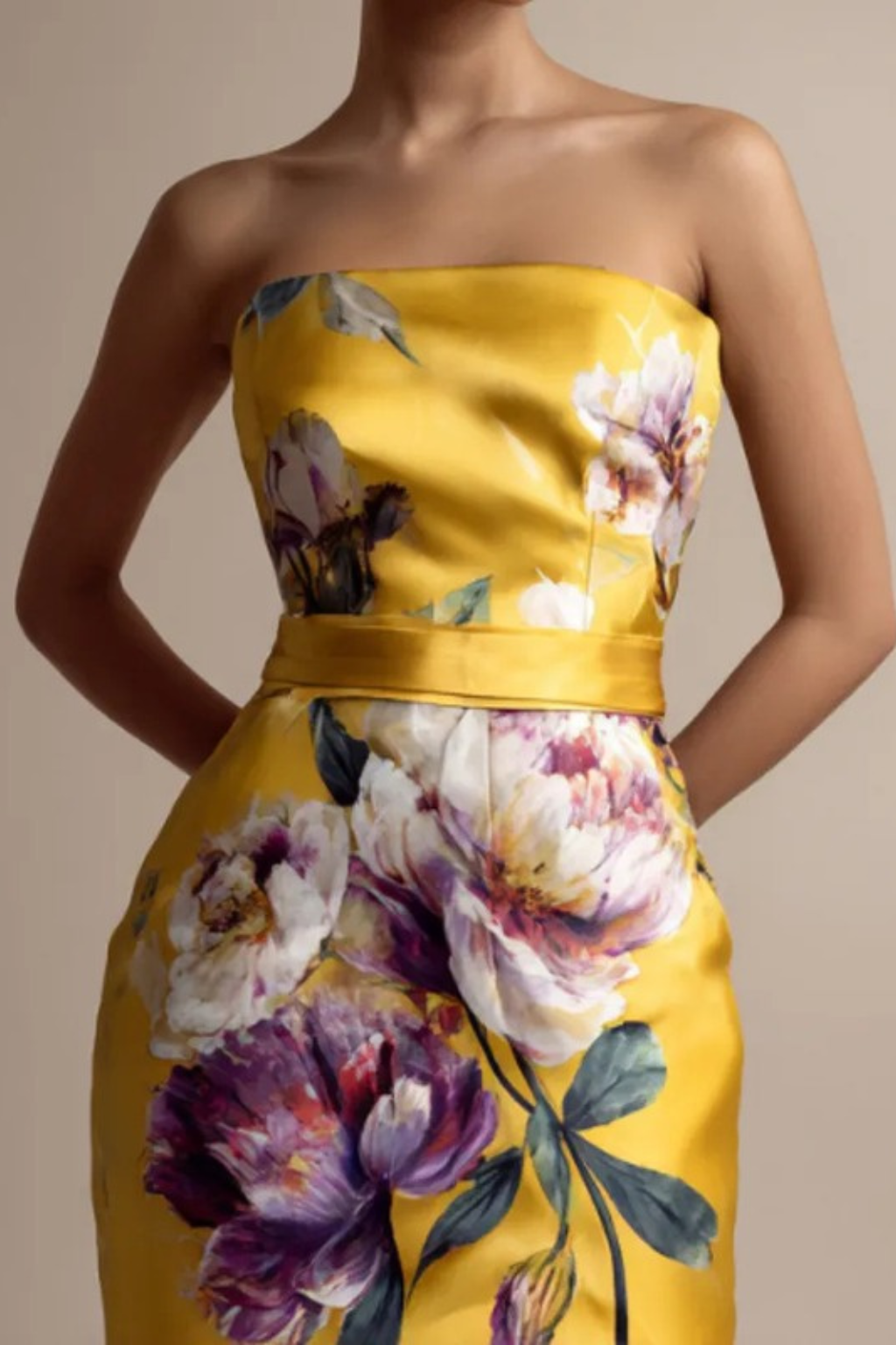 Elegant Women's Floral Midi Dress – Strapless Satin Blend Pencil Silhouette