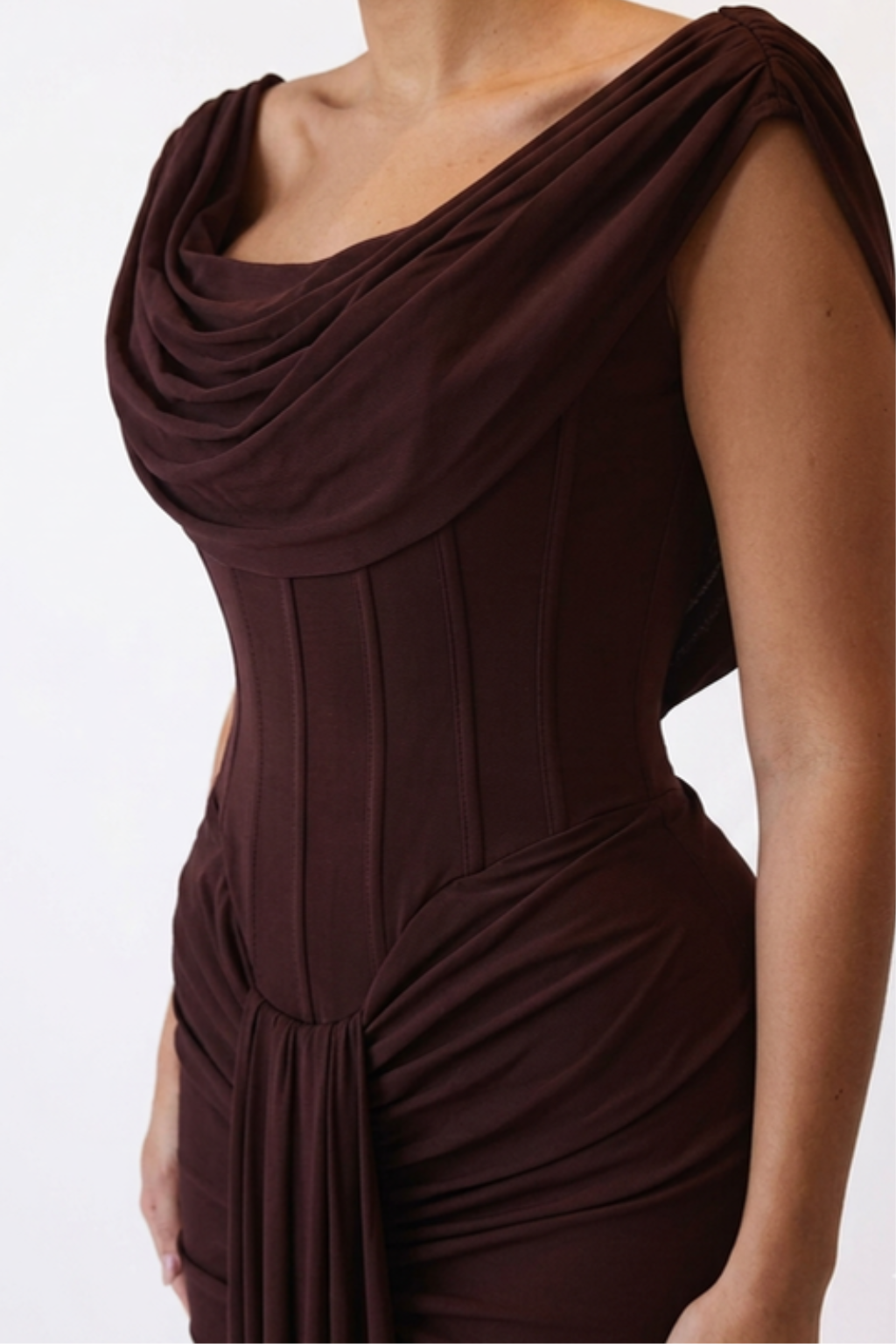 Women's Corset Maxi Gown – Cowl Neck & Ruched Column Silhouette