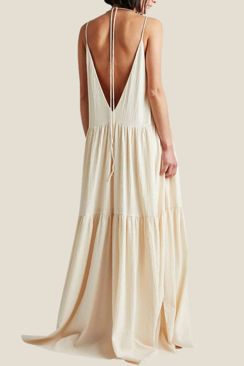 Women's Tiered Maxi Dress – Deep V-Neck & Open Back Silhouette