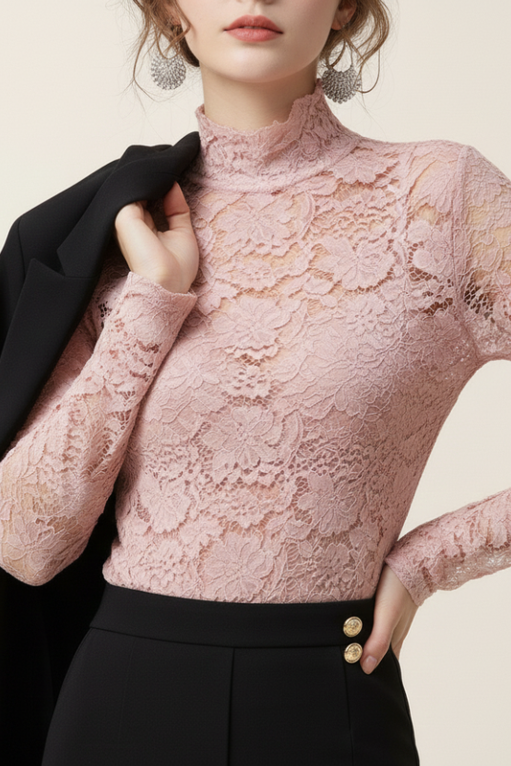 Women's Floral Lace Top – Mock Neck Long Sleeve Going Out Top