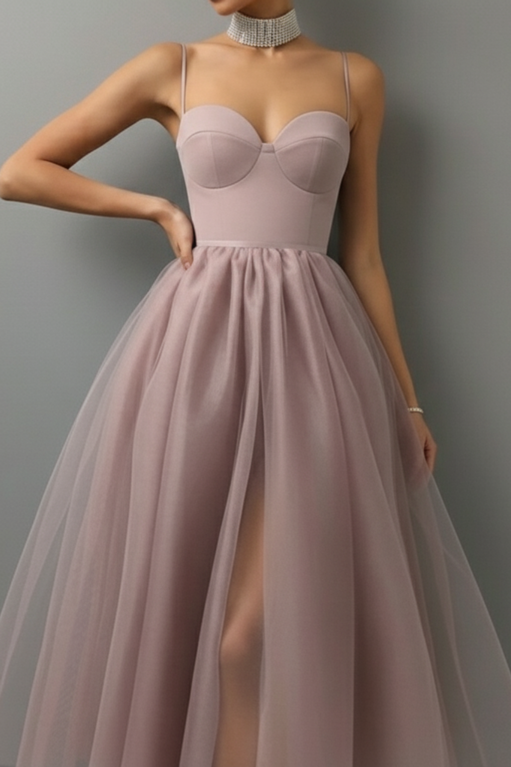 Graceful Corset-Bodice Midi Dress – Spaghetti Straps & Tulle Overlay