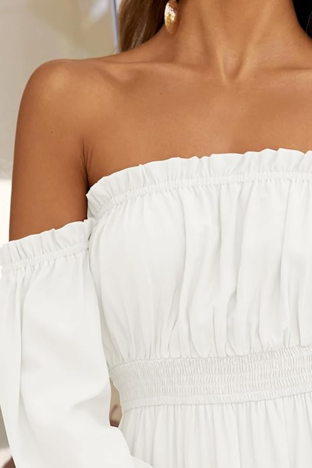 Elegant Off-Shoulder Maxi Dress – Smocked Waist Flowy Tiered Silhouette