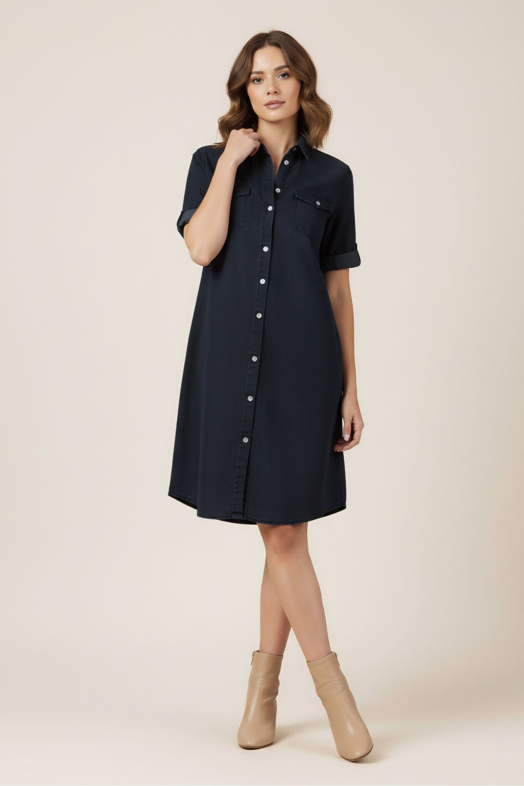 Effortless Button-Up Midi Dress – Relaxed A-Line Cut & Short Sleeve Design