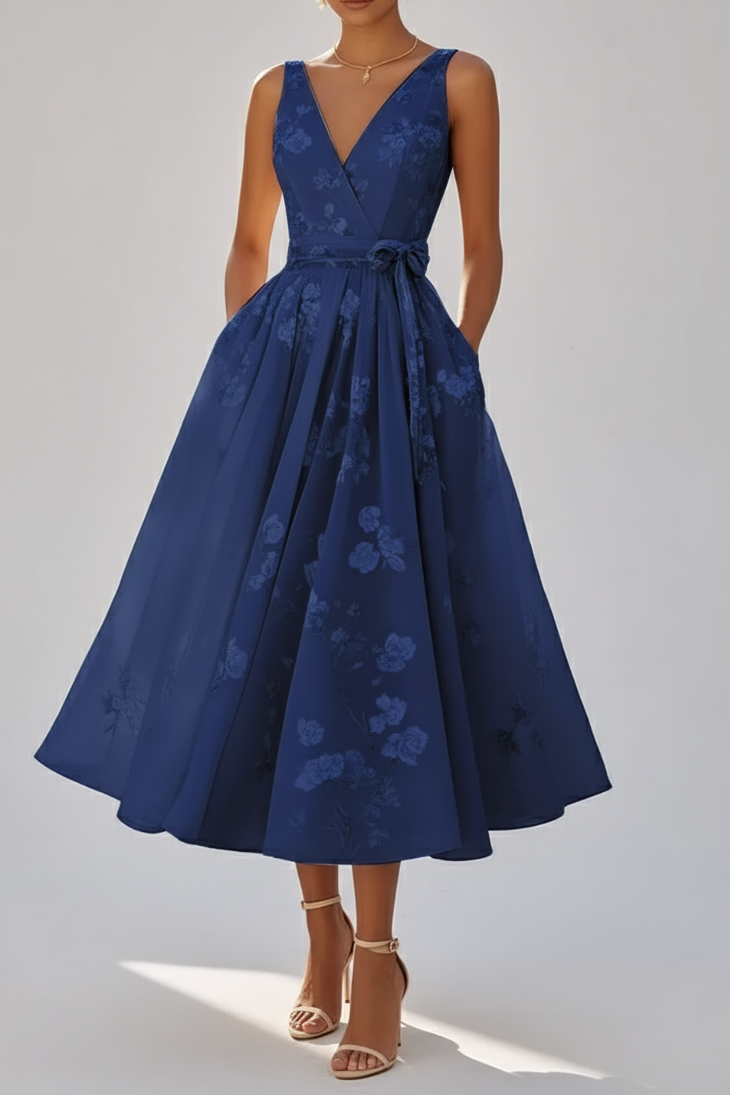 Graceful Floral Midi Dress – Waist-Tie Cocktail Silhouette