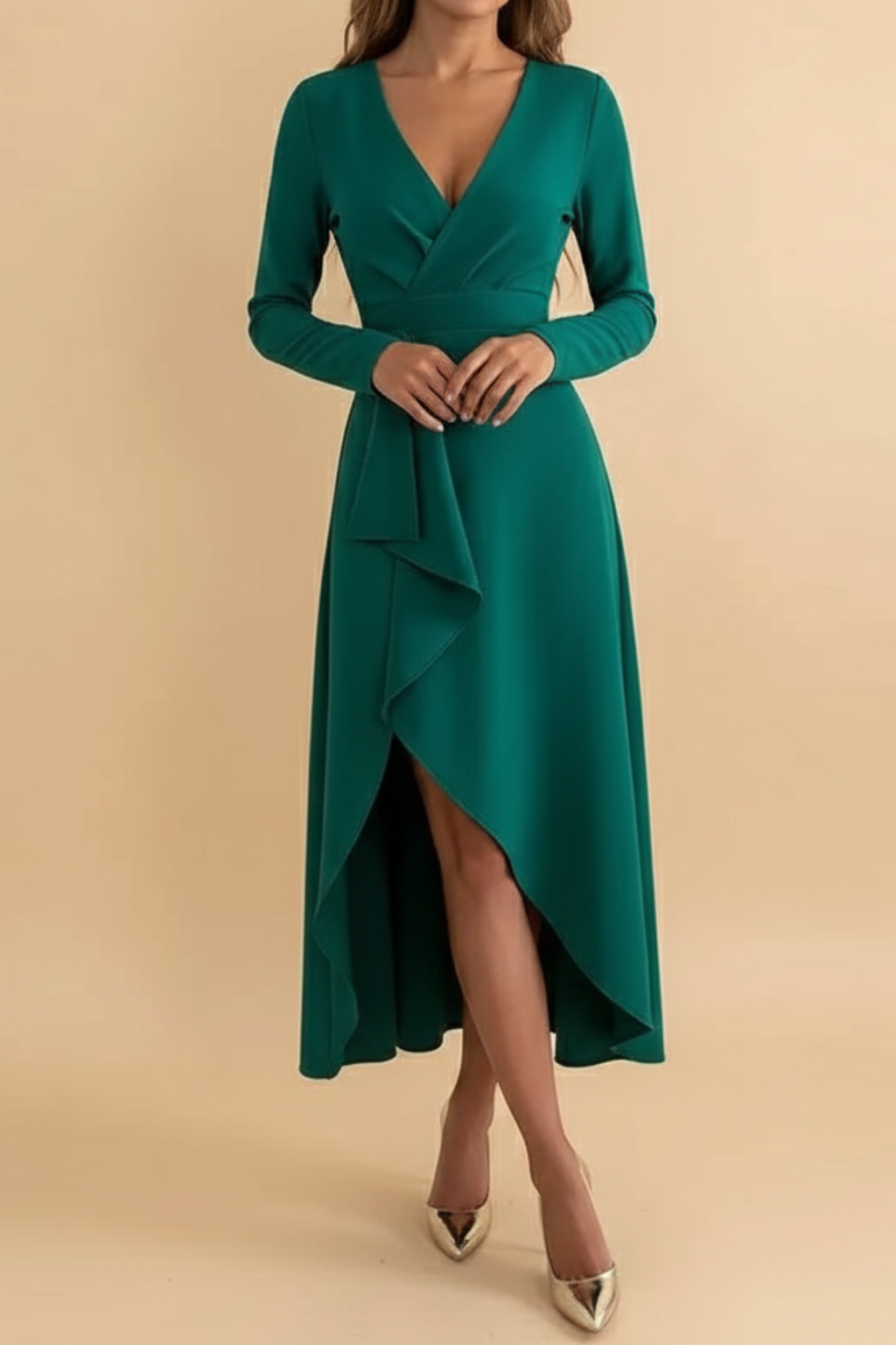 Graceful Long-Sleeve Wrap Dress – Asymmetrical Midi Evening Style