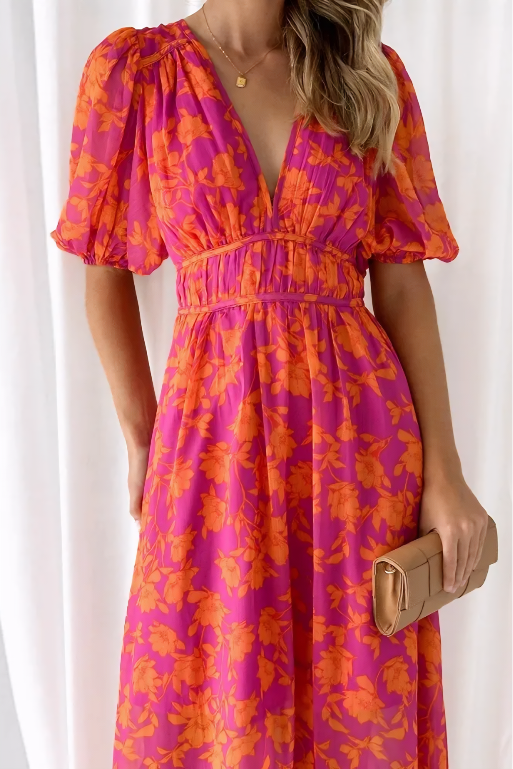 Vibrant Floral Puff-Sleeve Maxi Dress – V-Neck Cocktail Silhouette & Flowy Movement
