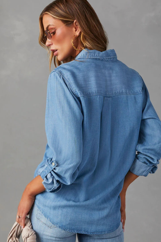 Classic Button-Up Denim Shirt – Long Sleeve Relaxed Fit
