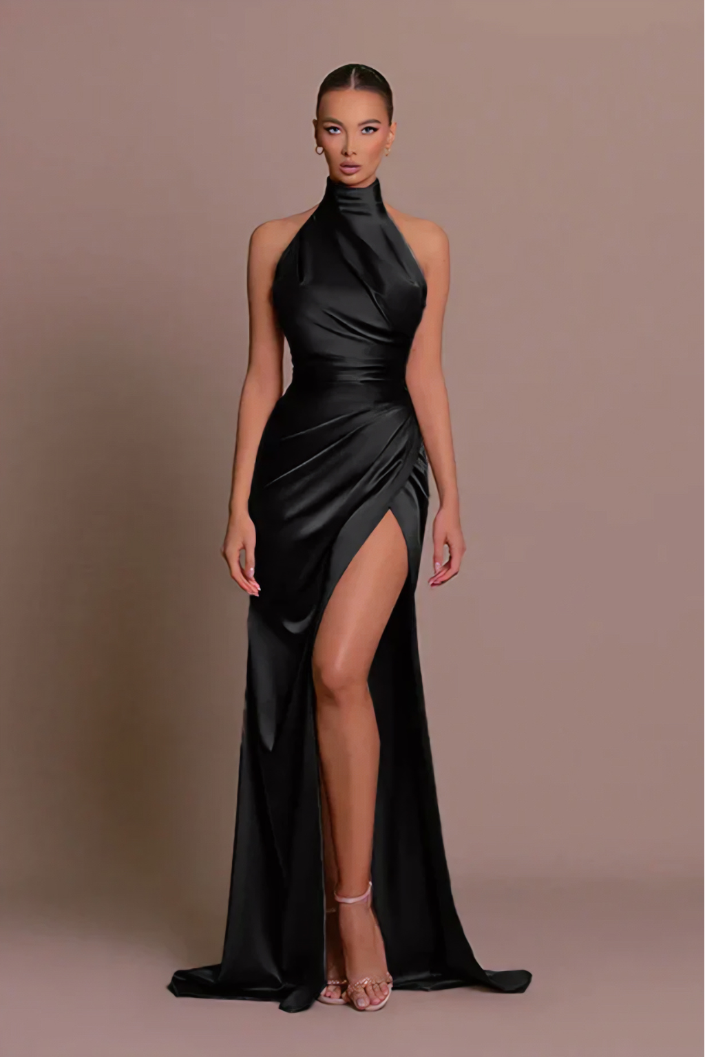 Elegant High-Slit Halter Neck Evening Dress – Satin Blend Formal Gown