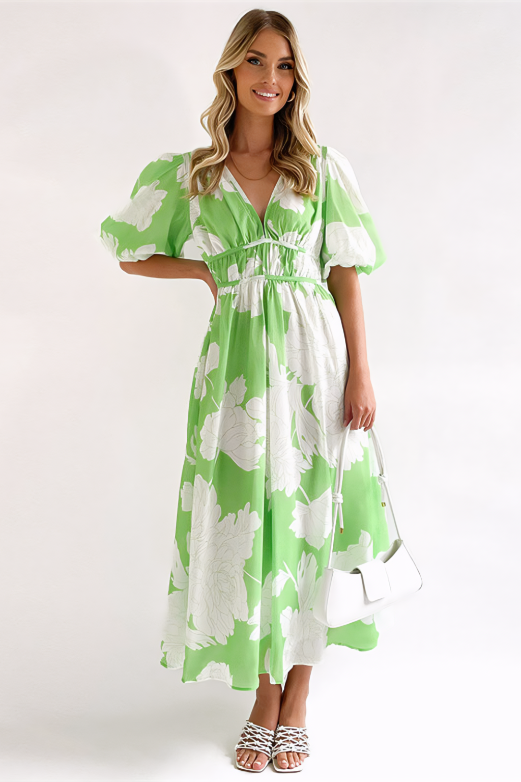 Vibrant Floral Puff-Sleeve Maxi Dress – V-Neck Cocktail Silhouette & Flowy Movement