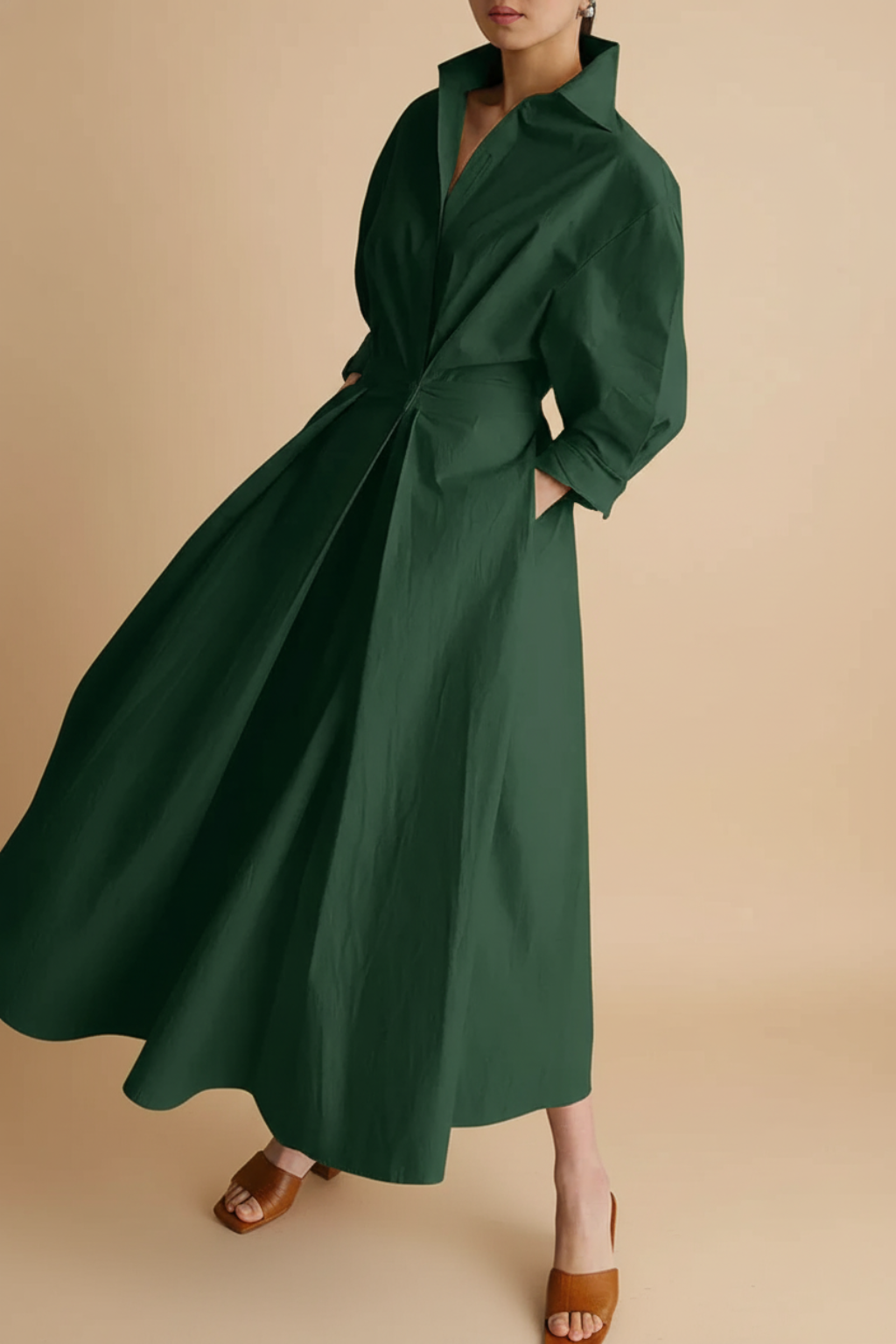 Refined Shirt Midi Dress – Cinched Waist & Flowing A-Line Silhouette