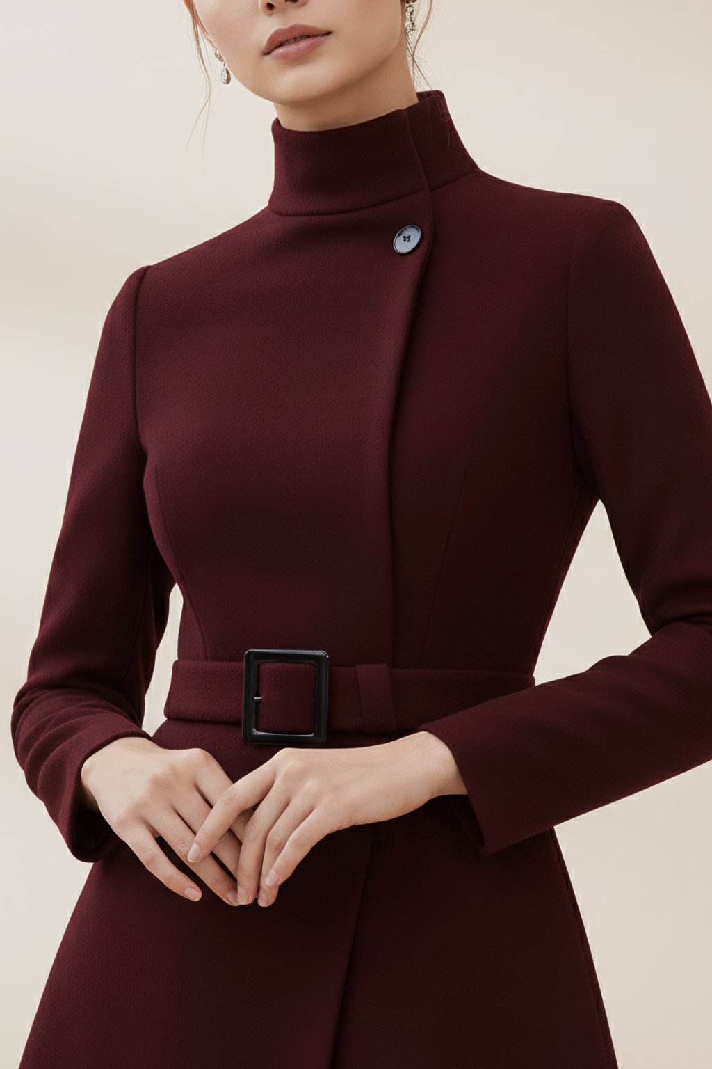 Refined High Neck A-Line Dress – Belted Waist & Asymmetric Silhouette