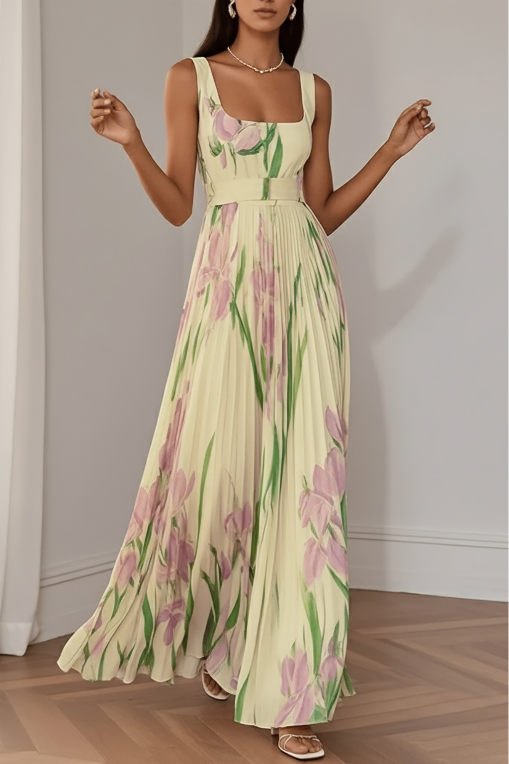 Elegant Sleeveless Floral Pleated Maxi Dress – Square Neck Evening Silhouette