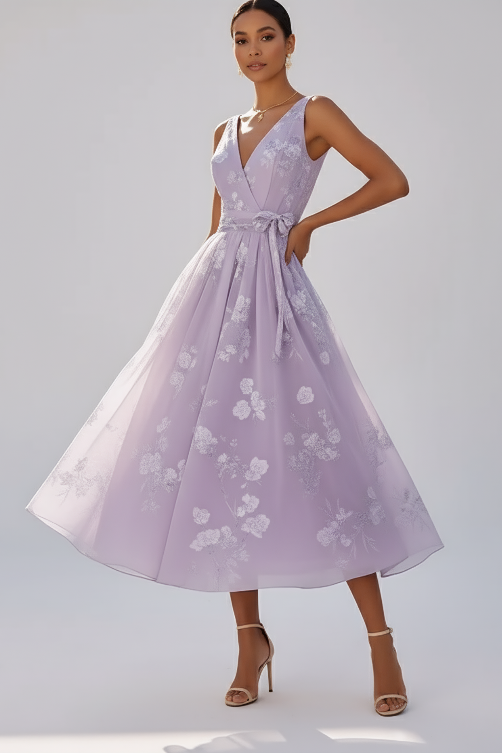 Graceful Floral Midi Dress – Waist-Tie Cocktail Silhouette