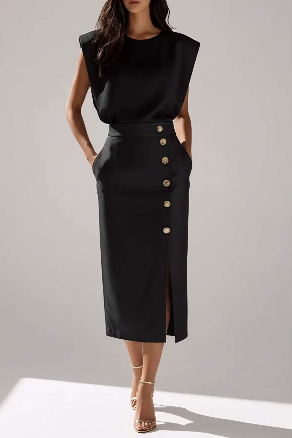 Elegant Button Detail Midi Dress – Refined Business Silhouette