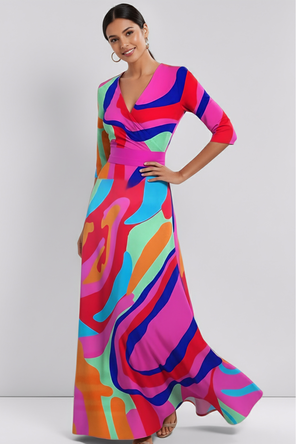 Elegant Floral Print Maxi Dress – Wrap V-Neck Evening Silhouette