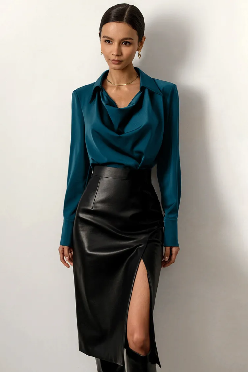 Polished Draped Collar Blouse – Long-Sleeve Modern Office Top