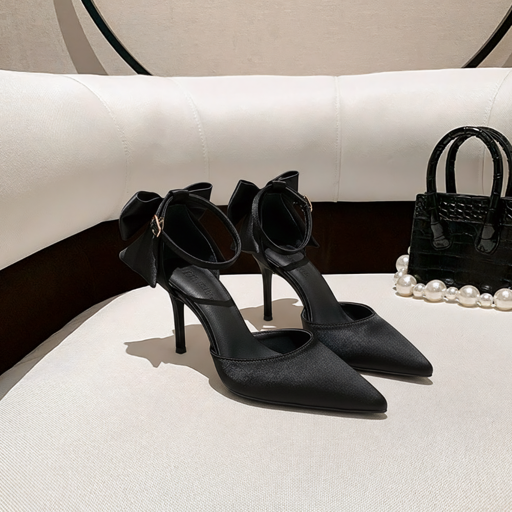 Satin Ankle Strap Stiletto Heels – Elegant Pointed Pumps with Statement Bow Back