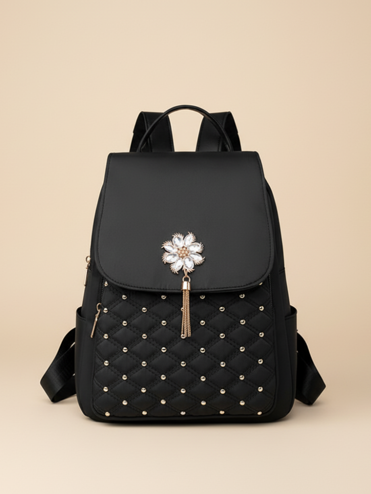 Chic Quilted Purse Backpack – Korean-Inspired Women’s Bag with Pearl Flower Accent