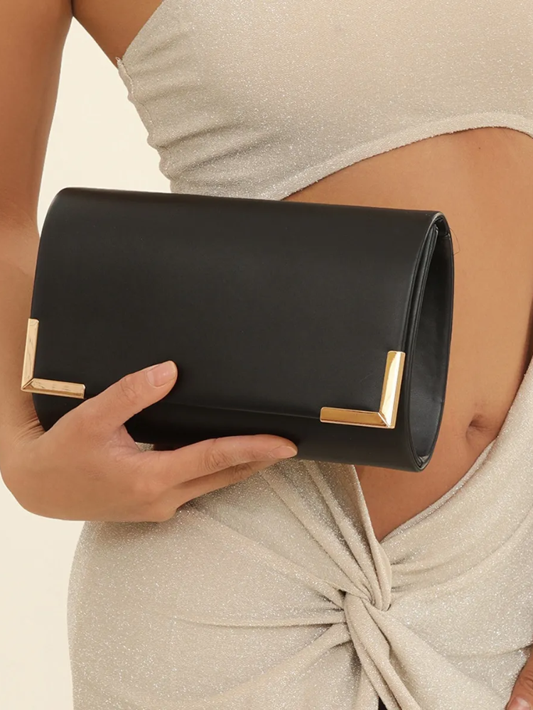 Chic Evening Clutch Bag – Sophisticated Black Shoulder Purse with Gold Chain