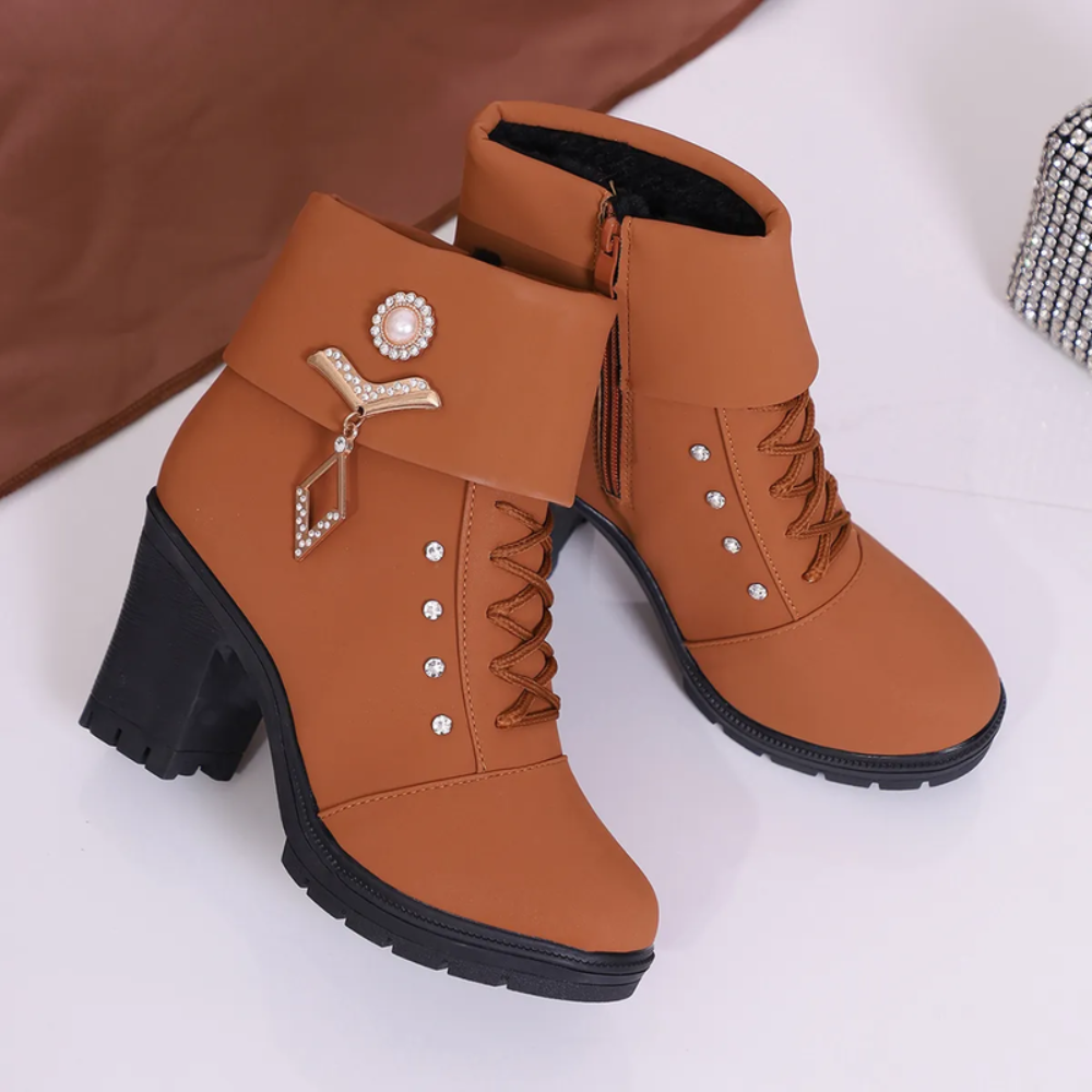 Women's Ankle Boots – Block Heel with Pearl & Crystal Charm Detail
