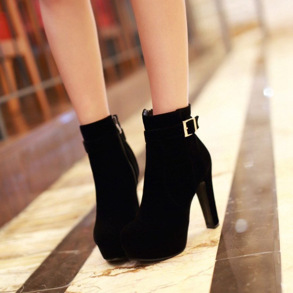 Women's Platform Ankle Boots – Block Heel & Gold Buckle Detail