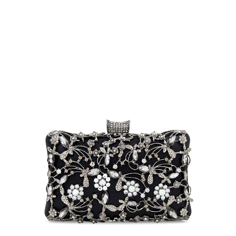 Women's Crystal Floral Evening Clutch – Jeweled Minaudière with Pearl Detail