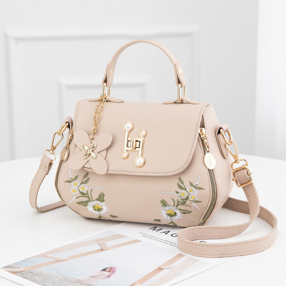Women's Floral Embroidered Saddle Bag – Pearl & Gold-Tone Top Handle Detail