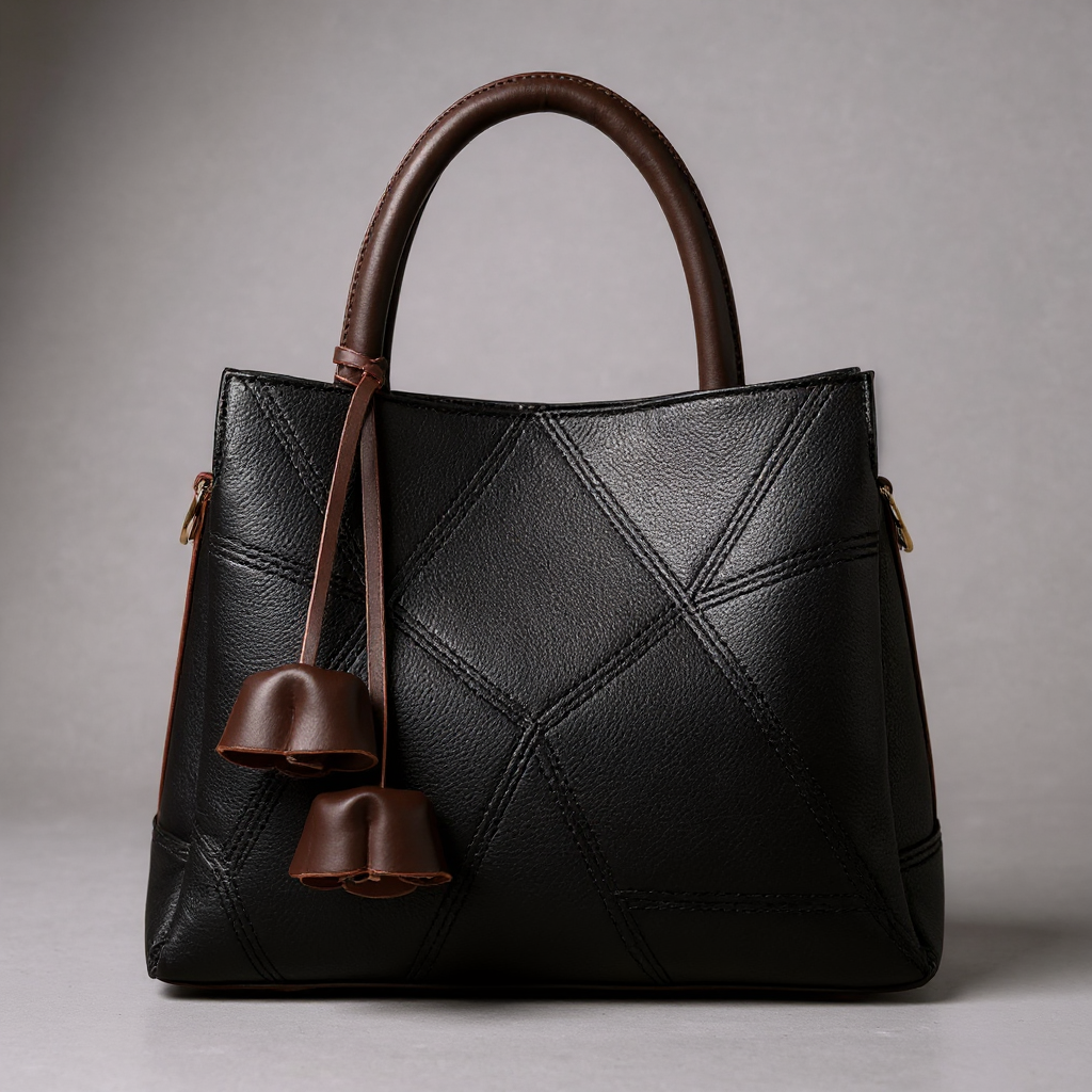 Women's Geometric Patchwork Tote – Structured Top Handle Bag with Tassel Charm