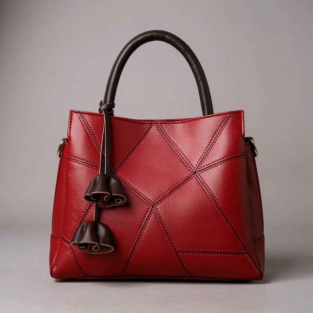 Women's Geometric Patchwork Tote – Structured Top Handle Bag with Tassel Charm