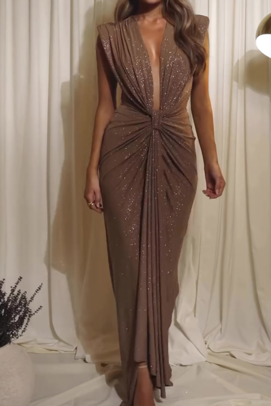 Women's Glitter Maxi Dress – Plunging V-Neck & Twist-Knot Silhouette