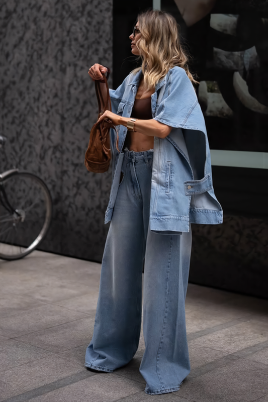 Women's Oversized Denim Jacket – Short Sleeve Cape Silhouette