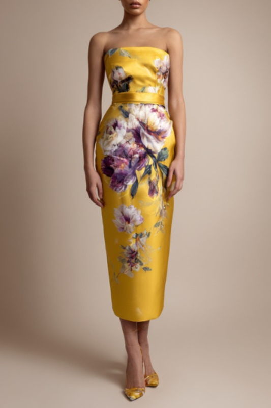 Elegant Women's Floral Midi Dress – Strapless Satin Blend Pencil Silhouette