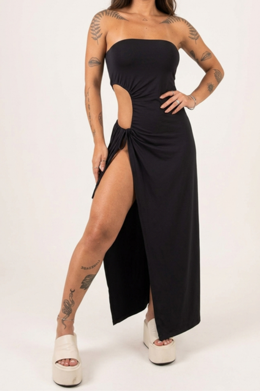 Women's Strapless Cutout Maxi Dress – Side Tie & High Slit Silhouette