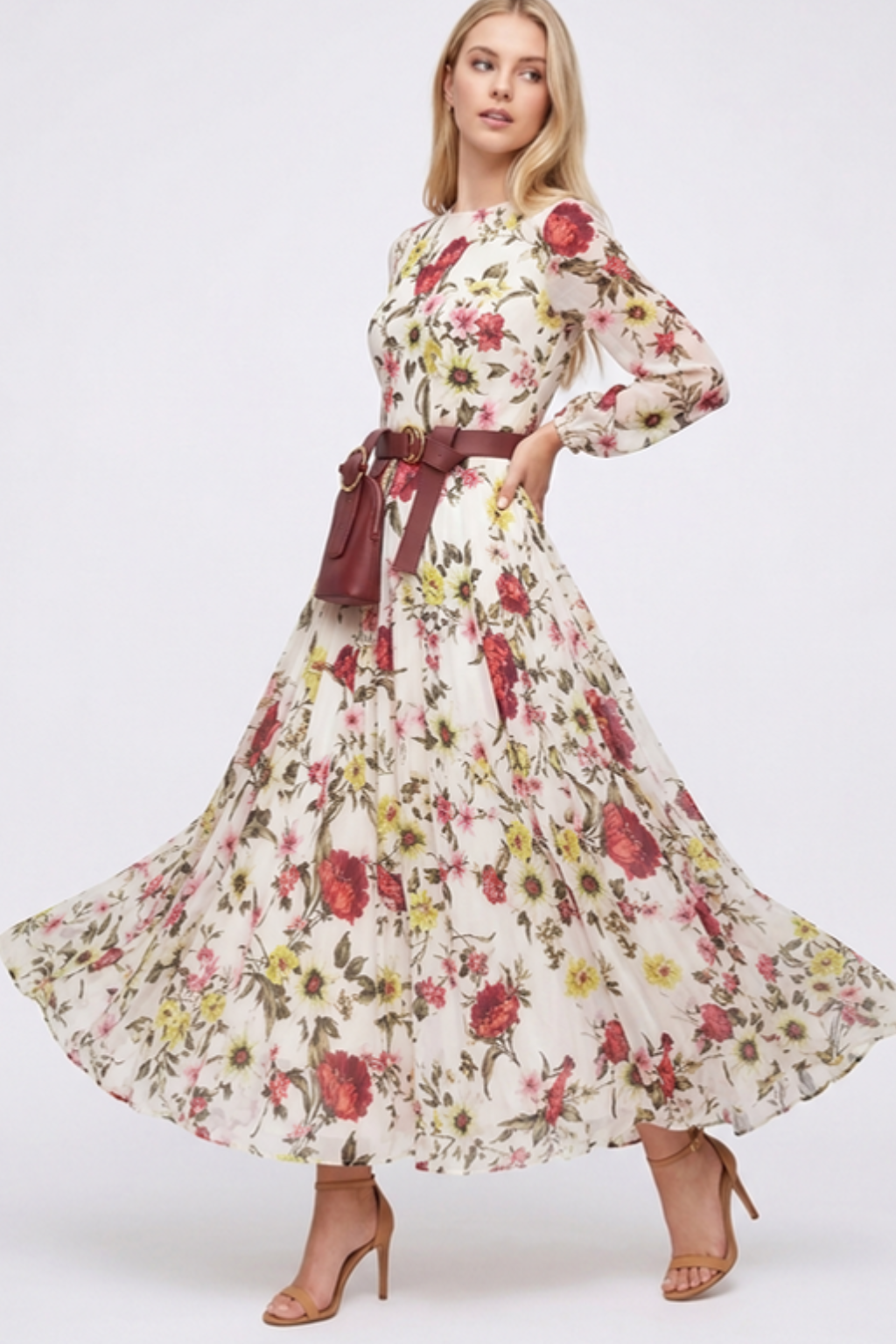Elegant Women's Floral Maxi Dress – Long Sleeve Tiered Skirt & Belted Waist
