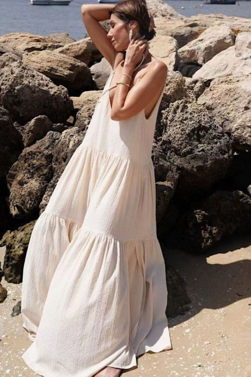 Women's Tiered Maxi Dress – Deep V-Neck & Open Back Silhouette