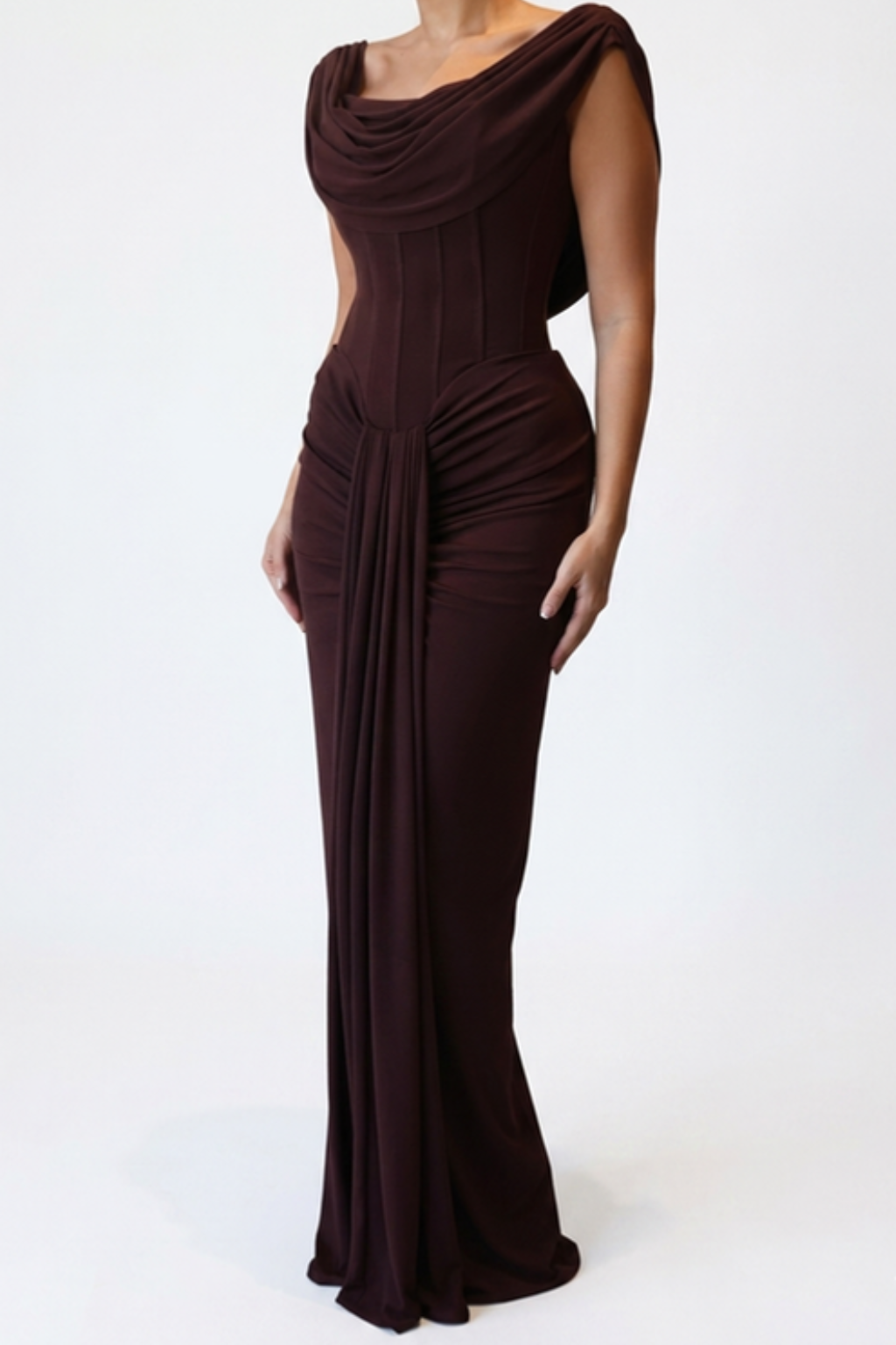 Women's Corset Maxi Gown – Cowl Neck & Ruched Column Silhouette