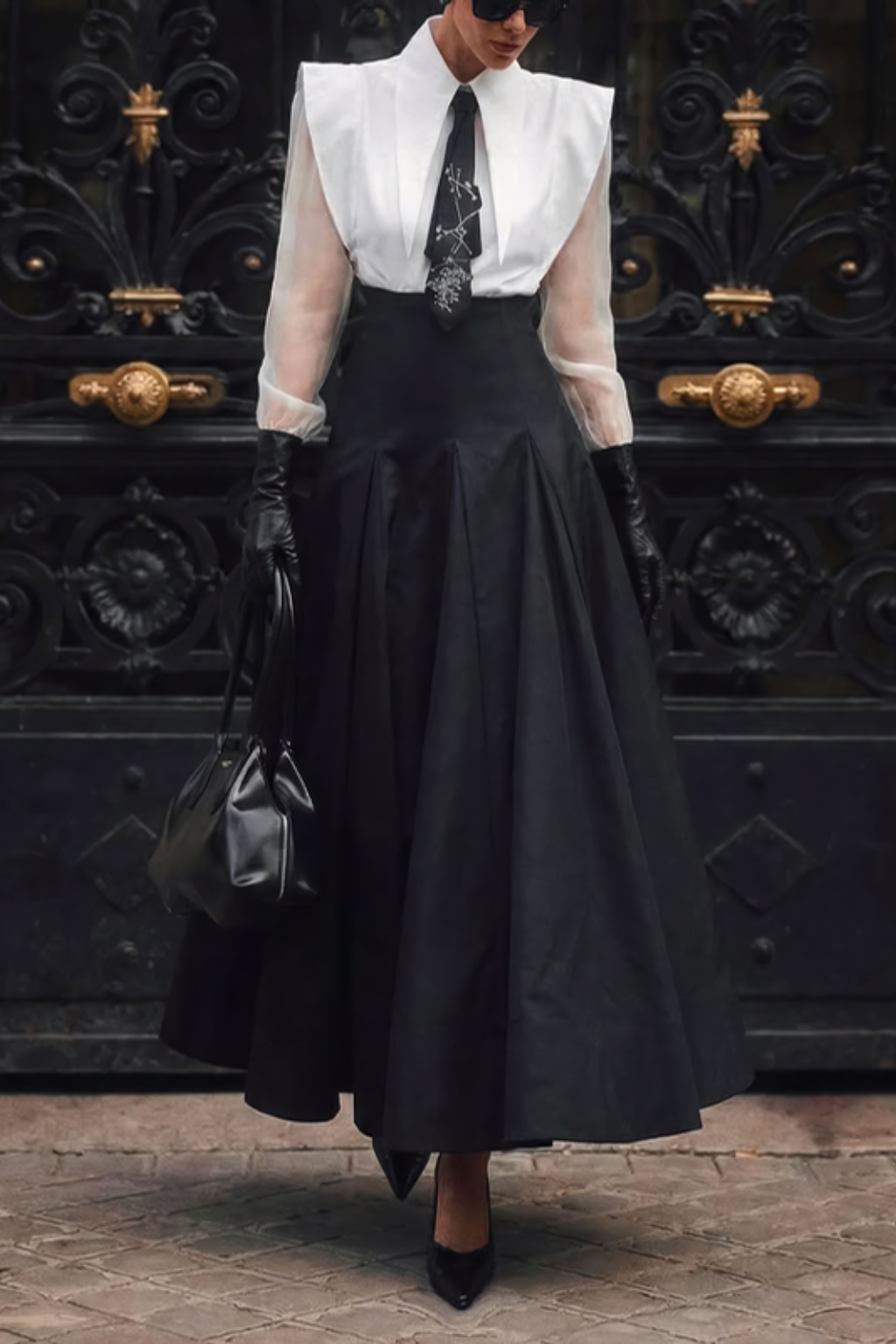 Women's Structured Blouse – Sheer Sleeves & Power Shoulder Detail