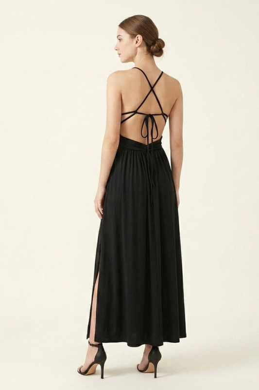Women's Formal Maxi Dress – V-Neck Backless Silhouette & Side Slit