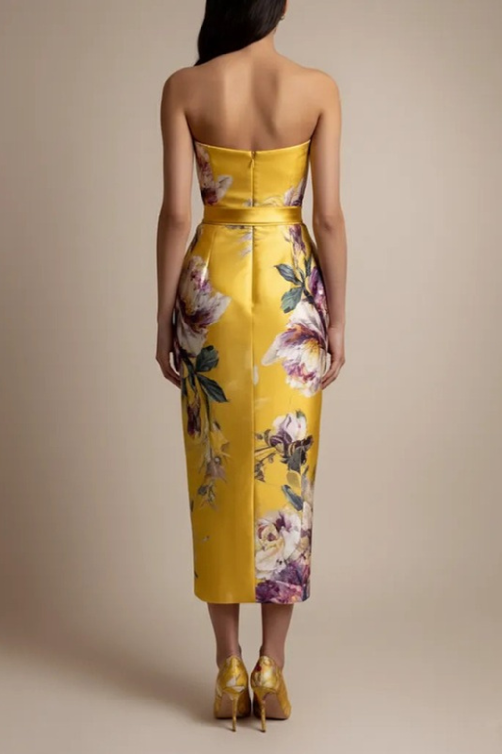 Elegant Women's Floral Midi Dress – Strapless Satin Blend Pencil Silhouette