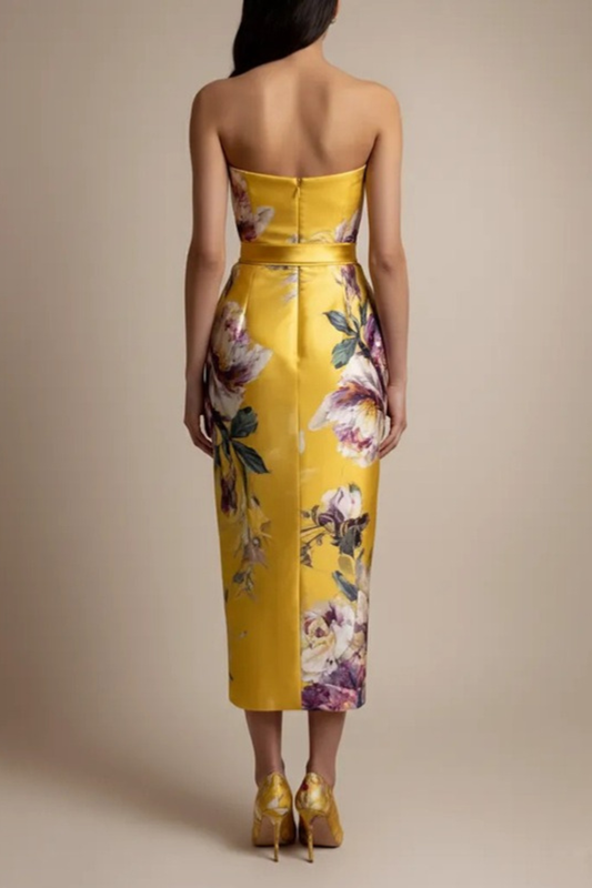 Elegant Women's Floral Midi Dress – Strapless Satin Blend Pencil Silhouette