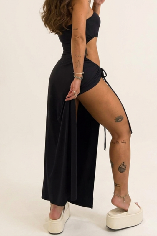 Women's Strapless Cutout Maxi Dress – Side Tie & High Slit Silhouette