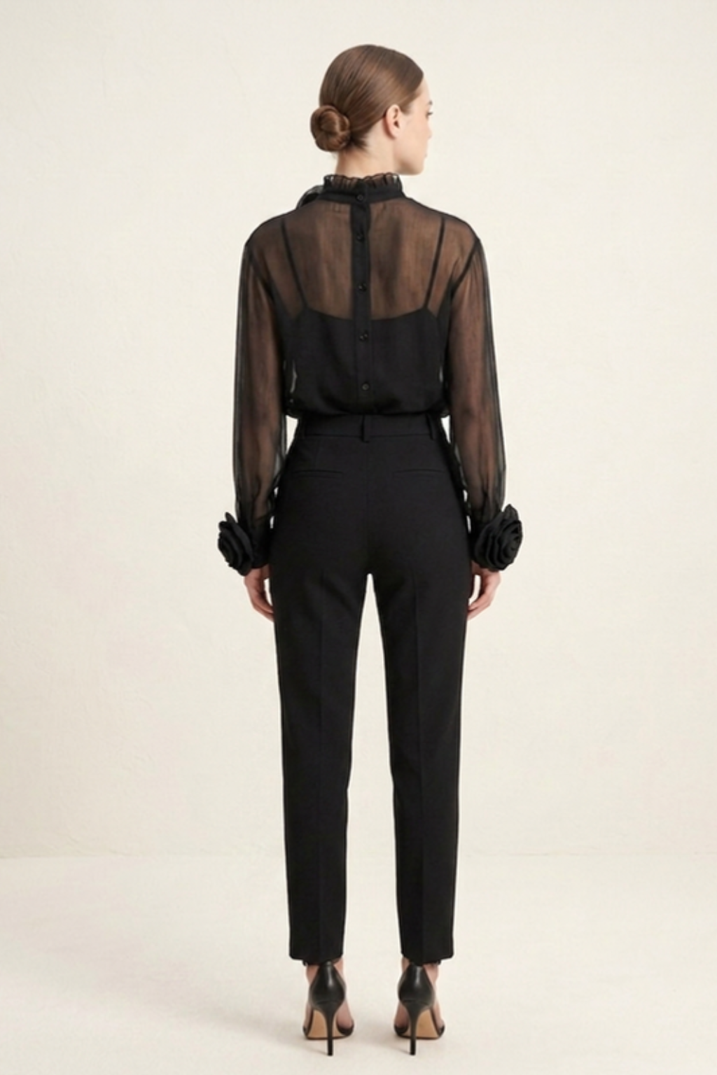 Women's Sheer Mock Neck Blouse – 3D Rosette Cuff & Evening Detail