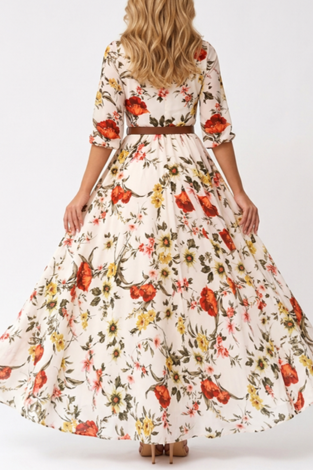 Elegant Women's Floral Maxi Dress – Long Sleeve Tiered Skirt & Belted Waist