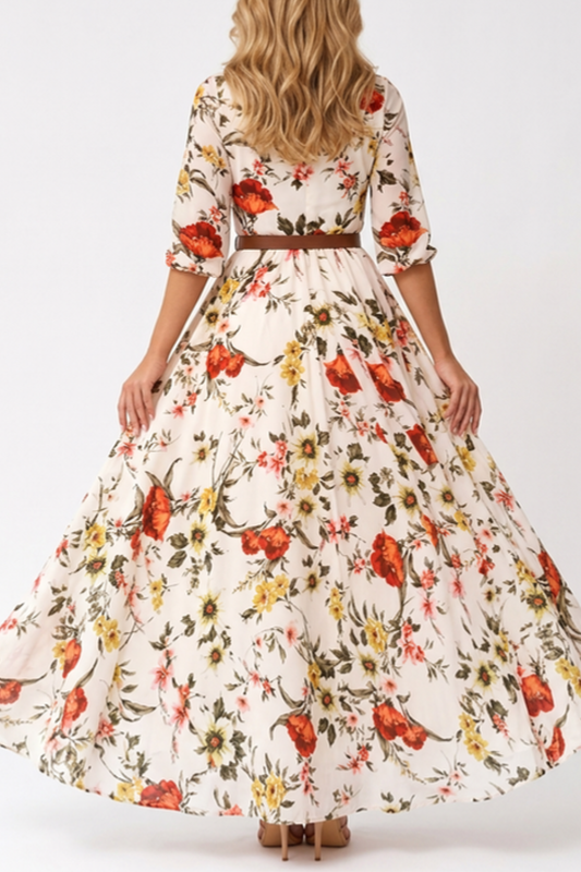 Elegant Women's Floral Maxi Dress – Long Sleeve Tiered Skirt & Belted Waist