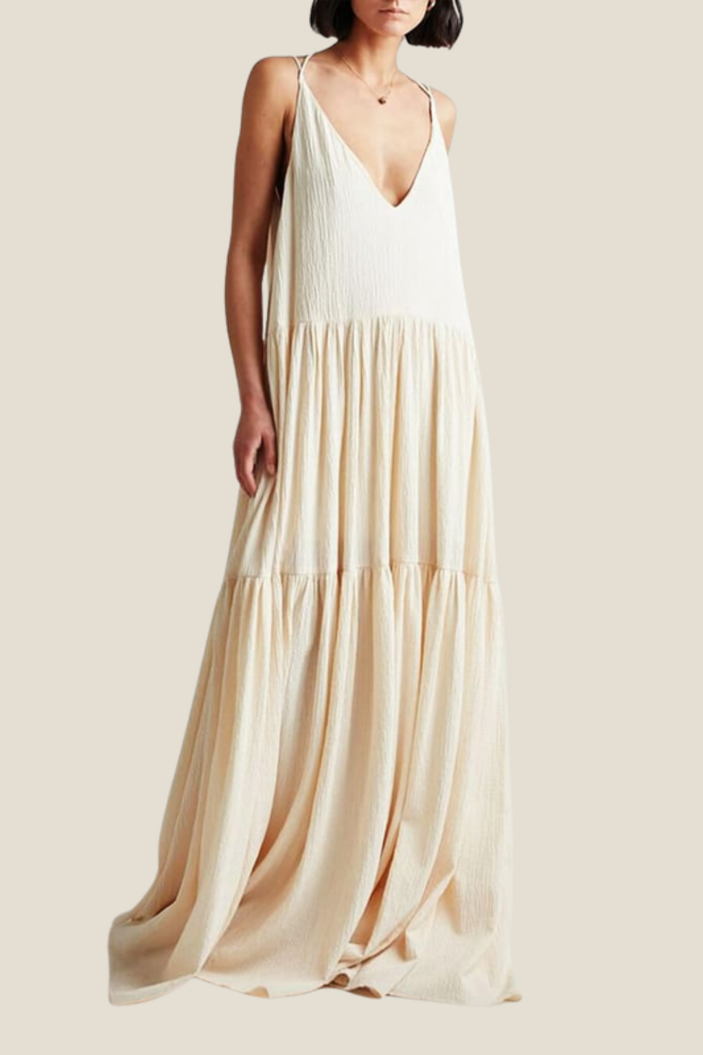 Women's Tiered Maxi Dress – Deep V-Neck & Open Back Silhouette