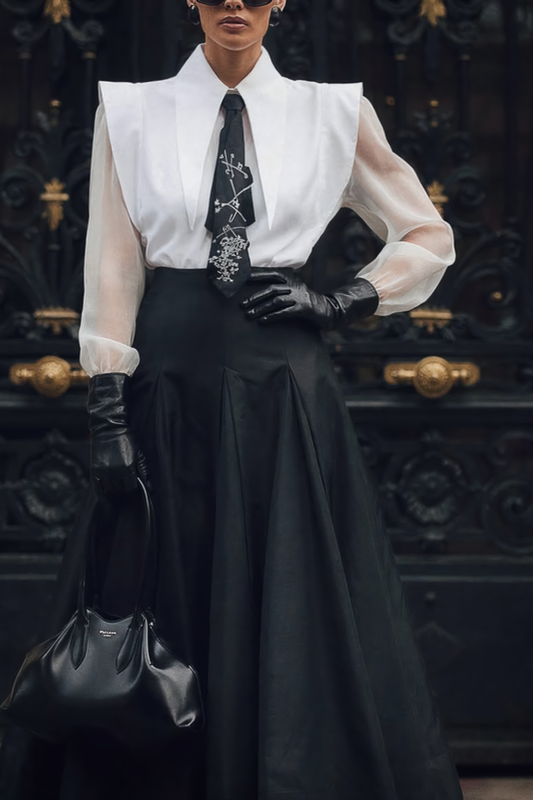 Women's Structured Blouse – Sheer Sleeves & Power Shoulder Detail