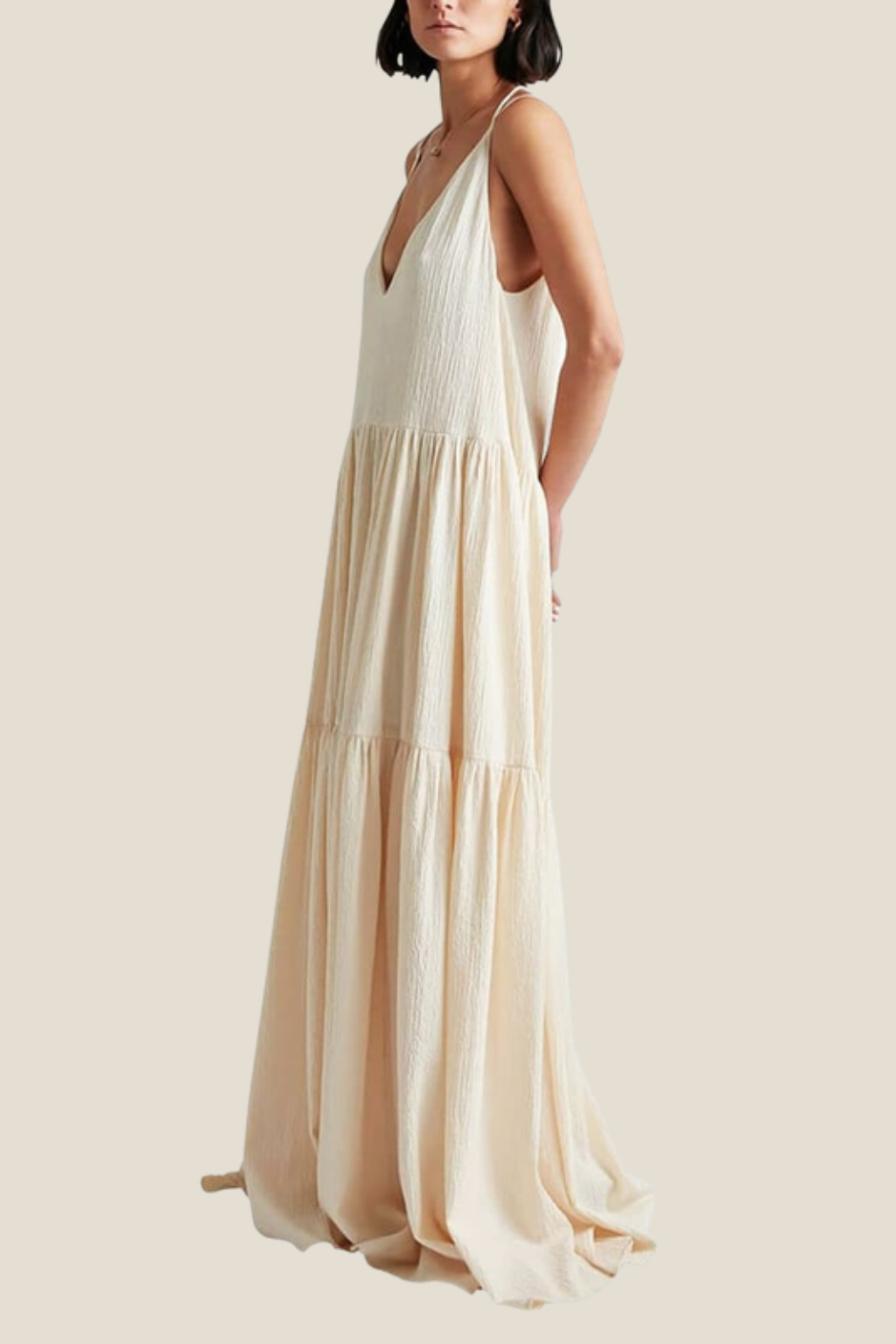 Women's Tiered Maxi Dress – Deep V-Neck & Open Back Silhouette