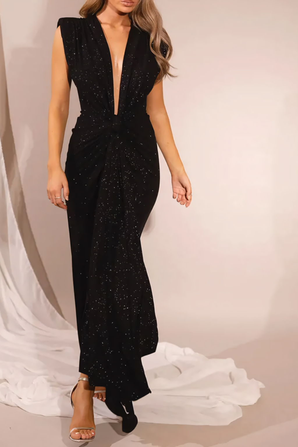 Women's Glitter Maxi Dress – Plunging V-Neck & Twist-Knot Silhouette