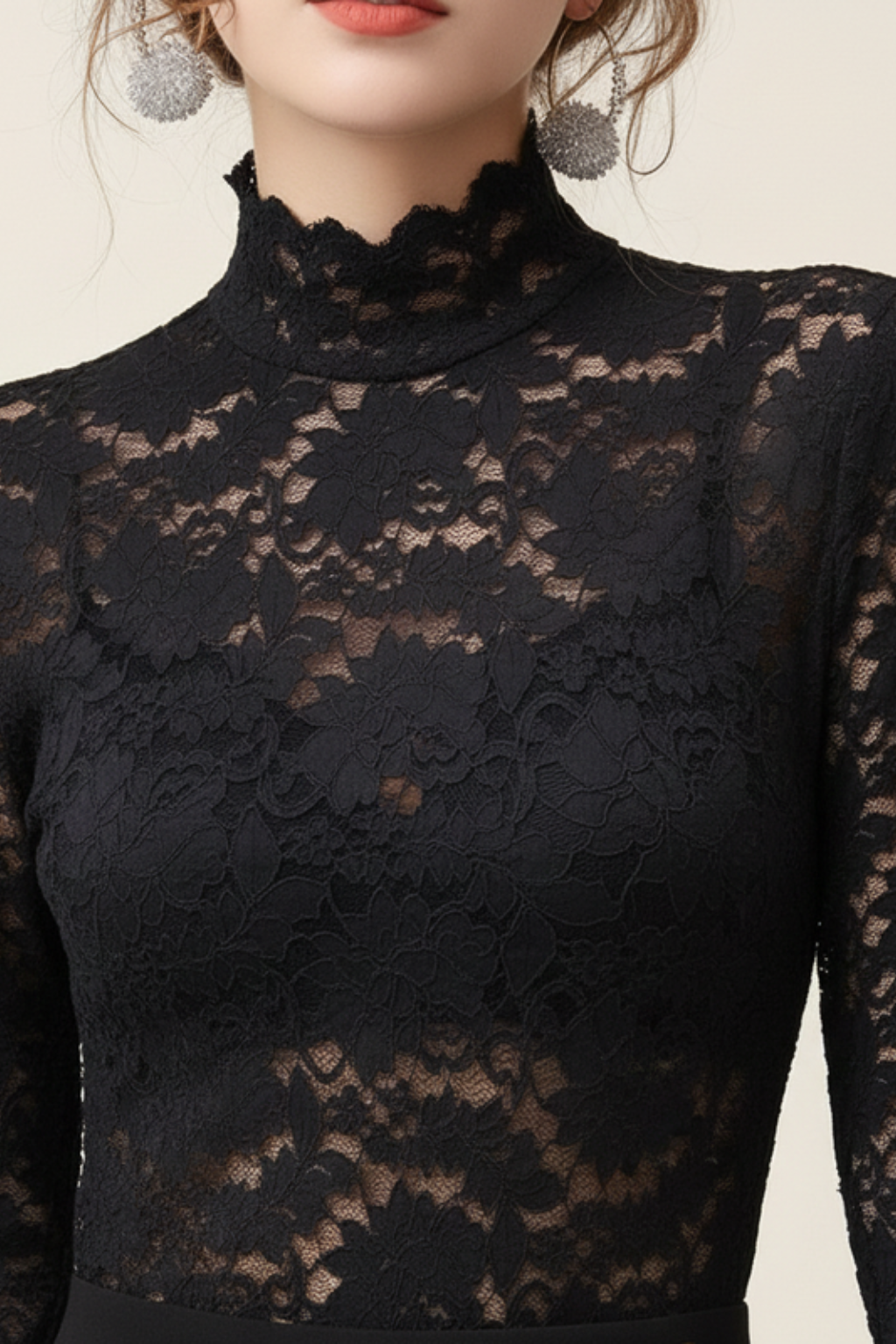 Women's Floral Lace Top – Mock Neck Long Sleeve Going Out Top