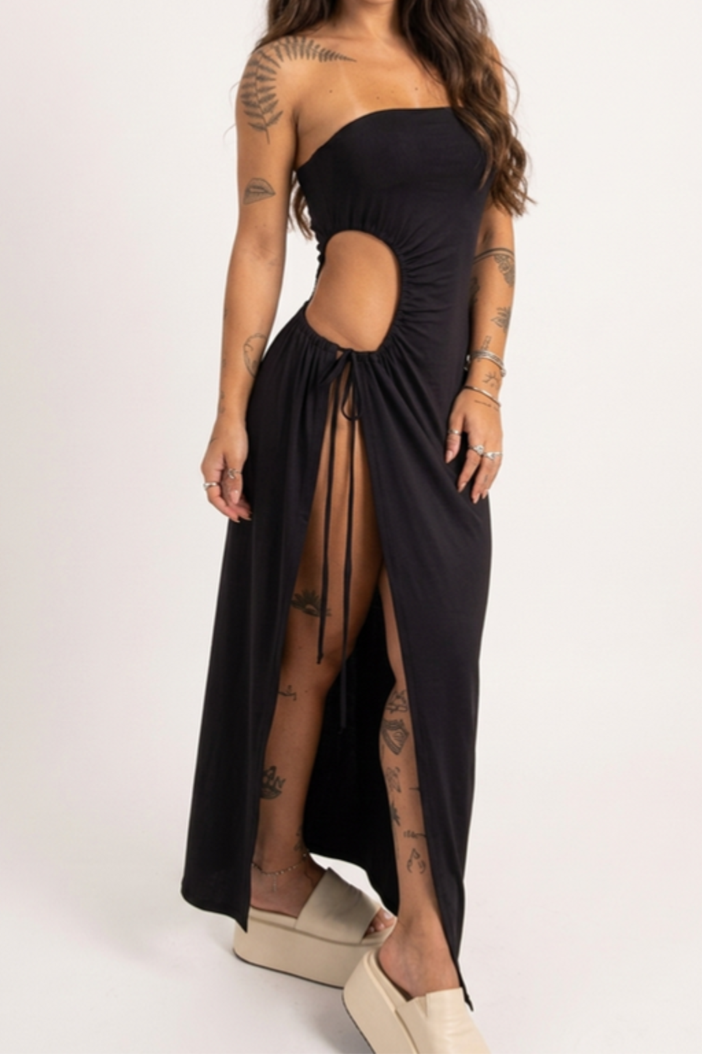 Women's Strapless Cutout Maxi Dress – Side Tie & High Slit Silhouette